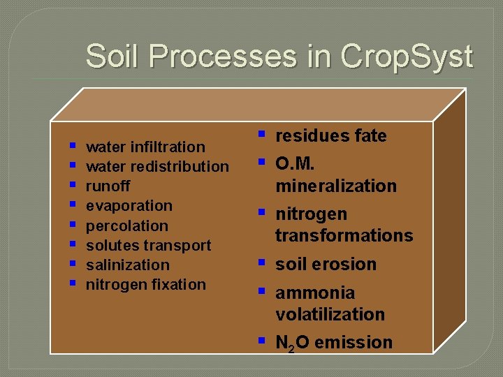 Soil Processes in Crop. Syst § § § § water infiltration water redistribution runoff