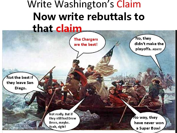 Write Washington’s Claim Now write rebuttals to that claim The Chargers are the best!