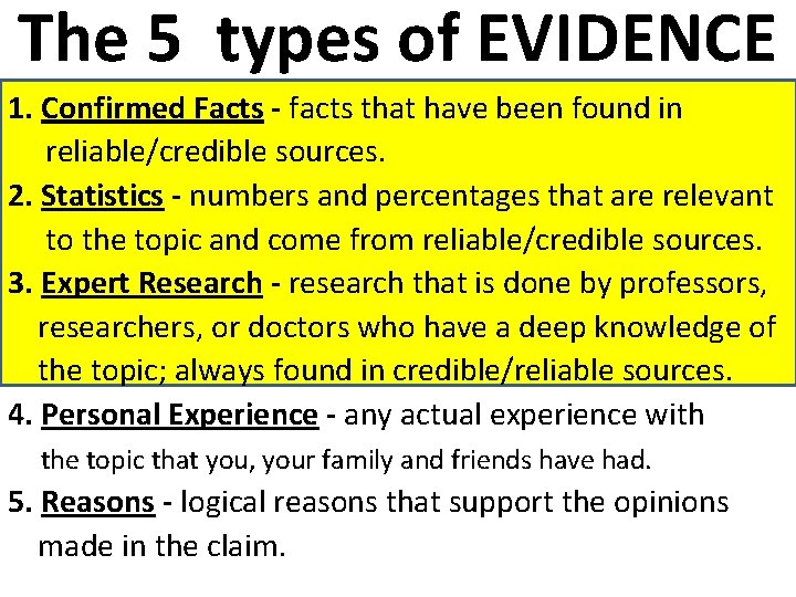 The 5 types of EVIDENCE 1. Confirmed Facts - facts that have been found