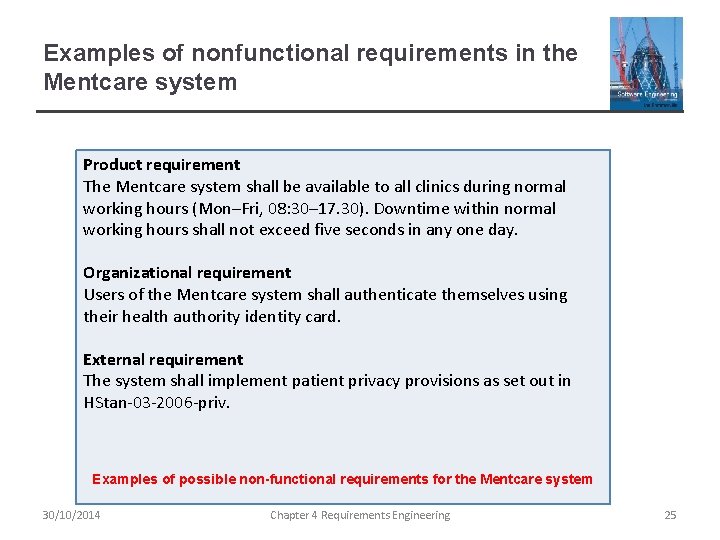 Examples of nonfunctional requirements in the Mentcare system Product requirement The Mentcare system shall