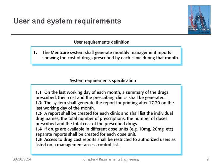 User and system requirements 30/10/2014 Chapter 4 Requirements Engineering 9 