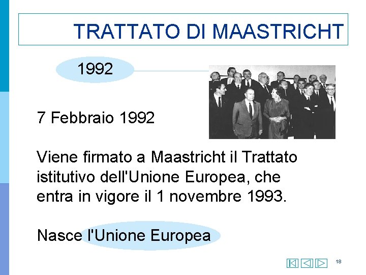 TRATTATO DI MAASTRICHT 1992 7 Febbraio 1992 Viene firmato a Maastricht il Trattato istitutivo