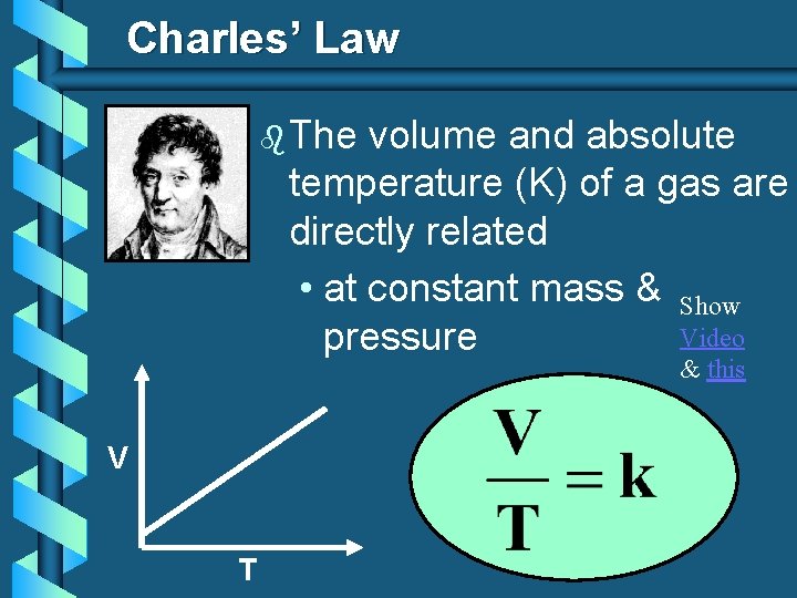Charles’ Law b The volume and absolute temperature (K) of a gas are directly