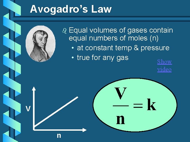 Avogadro’s Law b Equal volumes of gases contain equal numbers of moles (n) •