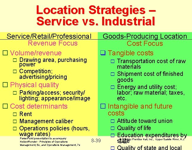 Location Strategies – Service vs. Industrial Service/Retail/Professional Revenue Focus o Volume/revenue Drawing area, purchasing