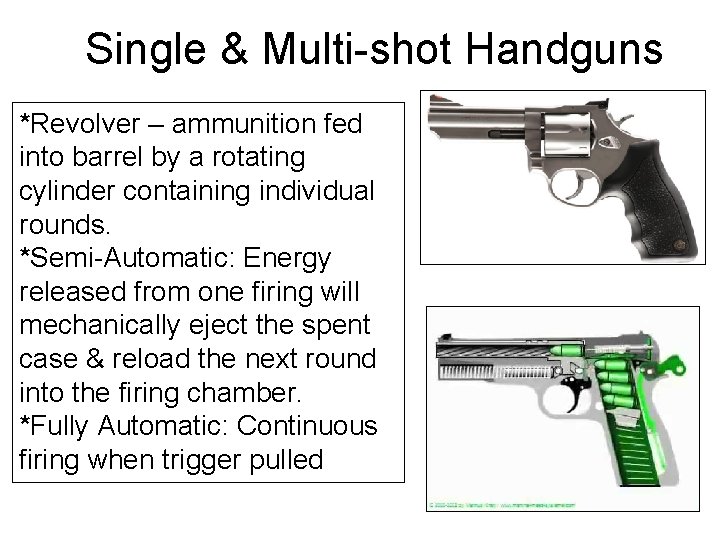 Single & Multi-shot Handguns *Revolver – ammunition fed into barrel by a rotating cylinder Single & Multi-shot Handguns *Revolver – ammunition fed into barrel by a rotating cylinder