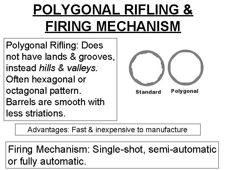 POLYGONAL RIFLING & FIRING MECHANISM Polygonal Rifling: Does not have lands & grooves, instead