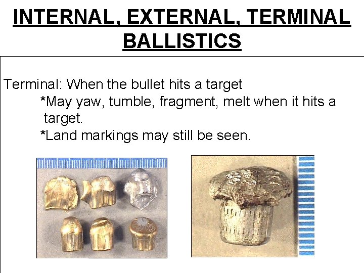 INTERNAL, EXTERNAL, TERMINAL BALLISTICS Terminal: When the bullet hits a target *May yaw, tumble, INTERNAL, EXTERNAL, TERMINAL BALLISTICS Terminal: When the bullet hits a target *May yaw, tumble,