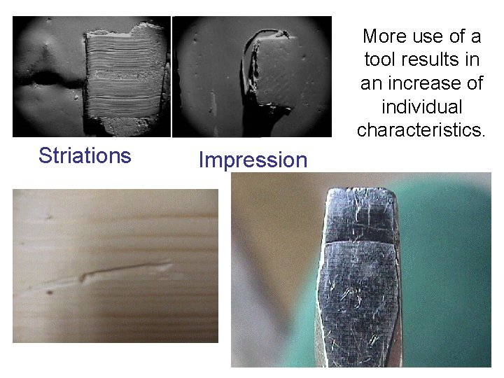 More use of a tool results in an increase of individual characteristics. Striations Impression More use of a tool results in an increase of individual characteristics. Striations Impression