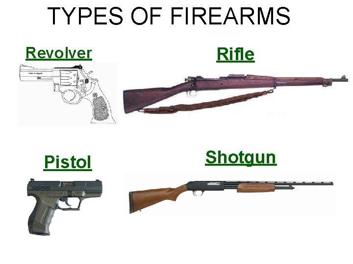 TYPES OF FIREARMS Revolver Pistol Rifle Shotgun 