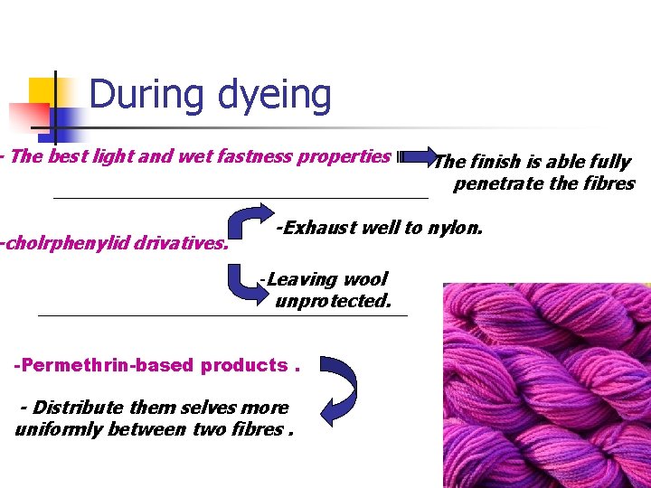 During dyeing - The best light and wet fastness properties -cholrphenylid drivatives. The finish