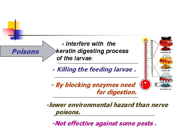 Poisons - Interfere with the keratin digesting process of the larvae. - Killing the
