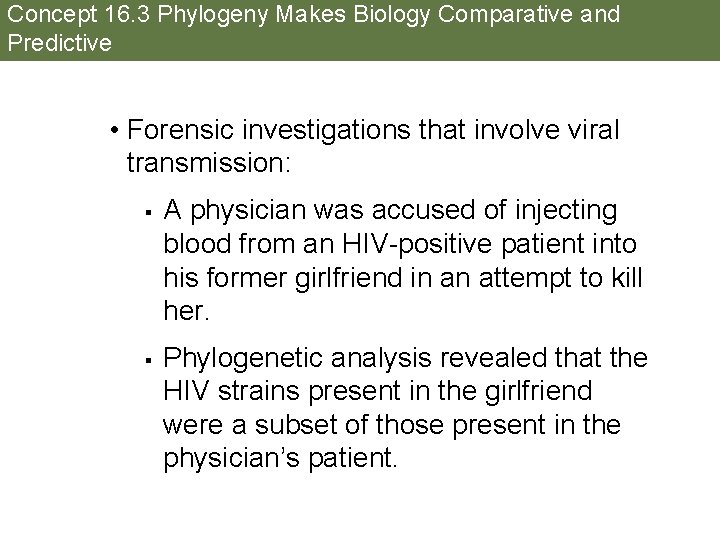 Concept 16. 3 Phylogeny Makes Biology Comparative and Predictive • Forensic investigations that involve