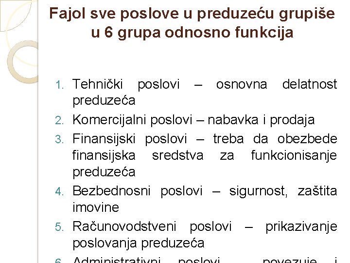 Fajol sve poslove u preduzeću grupiše u 6 grupa odnosno funkcija 1. 2. 3.