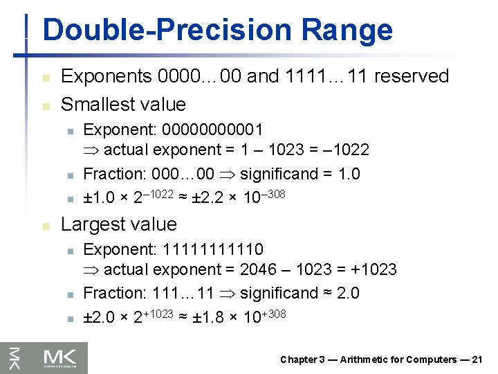 Double-Precision Range n n Exponents 0000… 00 and 1111… 11 reserved Smallest value n
