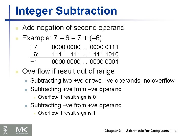 Integer Subtraction n n Add negation of second operand Example: 7 – 6 =