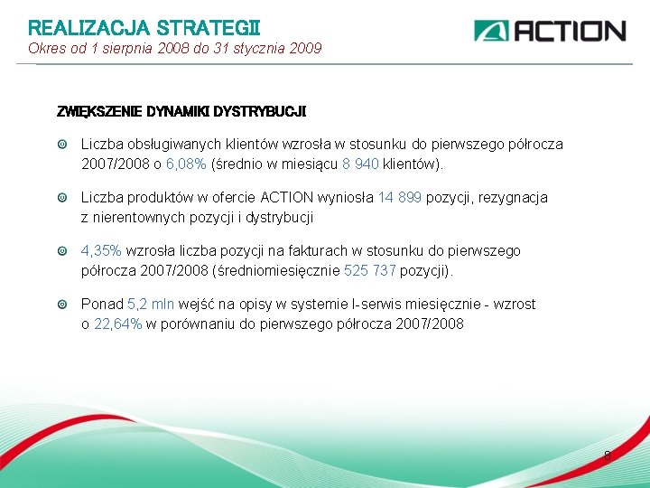 REALIZACJA STRATEGII Okres od 1 sierpnia 2008 do 31 stycznia 2009 ZWIĘKSZENIE DYNAMIKI DYSTRYBUCJI REALIZACJA STRATEGII Okres od 1 sierpnia 2008 do 31 stycznia 2009 ZWIĘKSZENIE DYNAMIKI DYSTRYBUCJI
