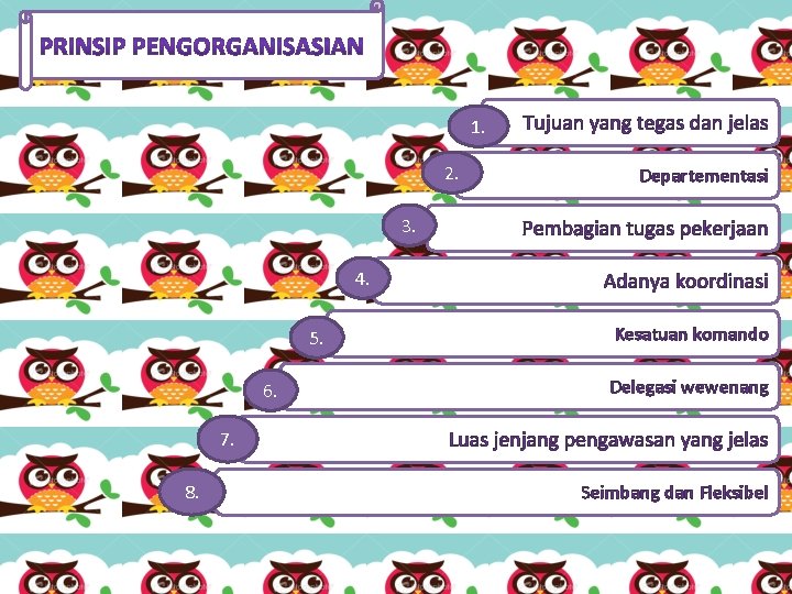 1. 2. 3. 4. 5. 6. 7. 8. Tujuan yang tegas dan jelas Departementasi