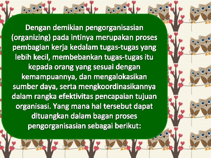 Dengan demikian pengorganisasian (organizing) pada intinya merupakan proses pembagian kerja kedalam tugas-tugas yang lebih