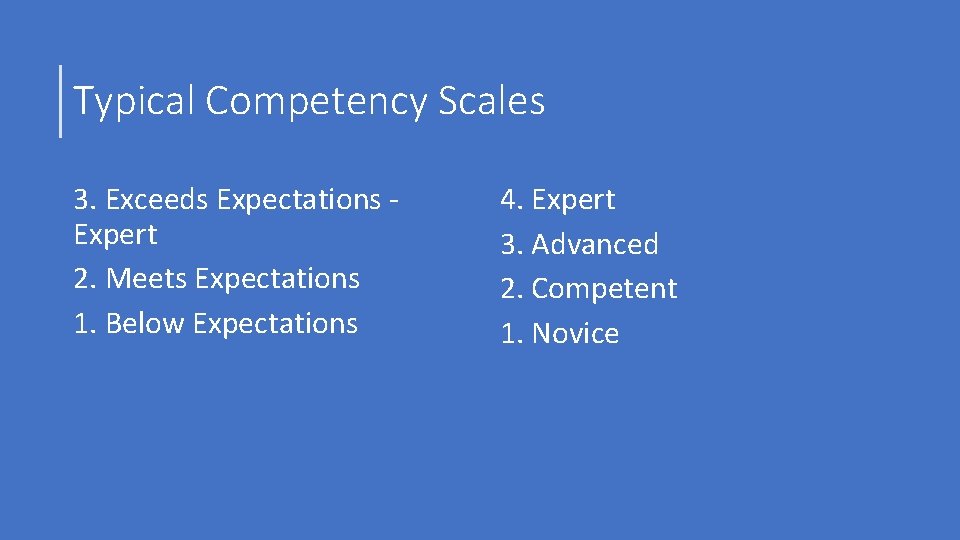 Typical Competency Scales 3. Exceeds Expectations ‐ Expert 2. Meets Expectations 1. Below Expectations
