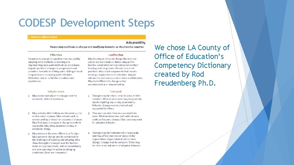 CODESP Development Steps We chose LA County of Office of Education’s Competency Dictionary created