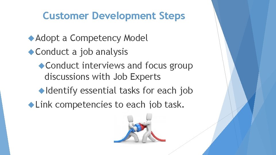 Customer Development Steps Adopt a Competency Model Conduct a job analysis Conduct interviews and