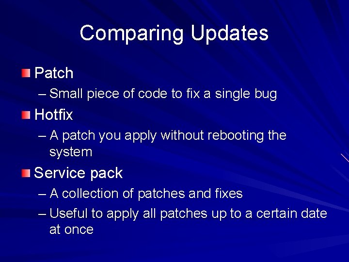 Comparing Updates Patch – Small piece of code to fix a single bug Hotfix Comparing Updates Patch – Small piece of code to fix a single bug Hotfix