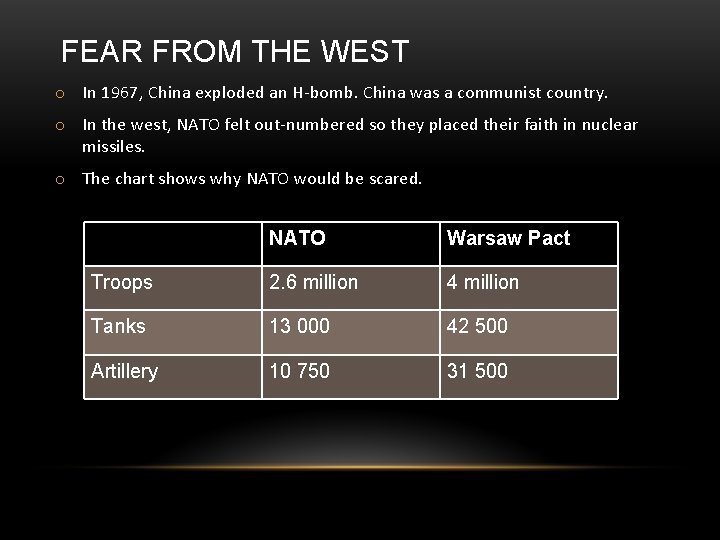 FEAR FROM THE WEST o In 1967, China exploded an H-bomb. China was a FEAR FROM THE WEST o In 1967, China exploded an H-bomb. China was a