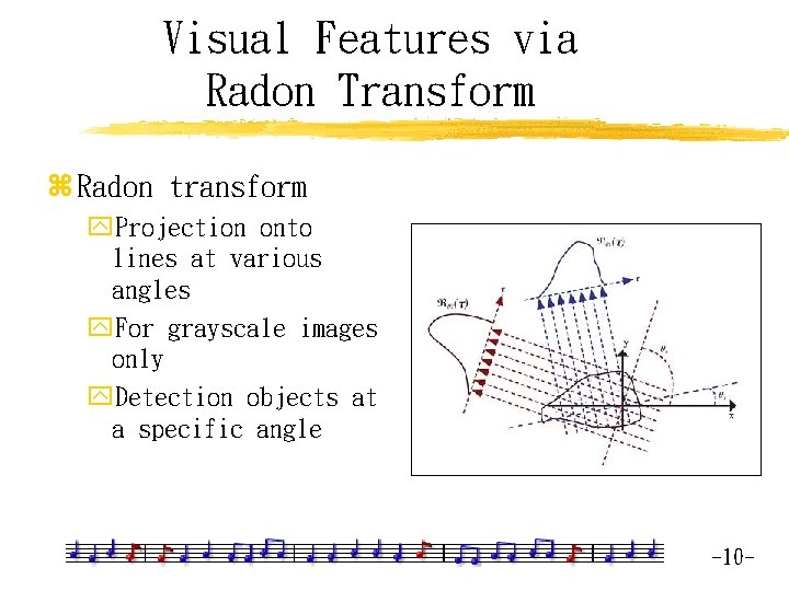 Visual Features via Radon Transform z Radon transform y. Projection onto lines at various