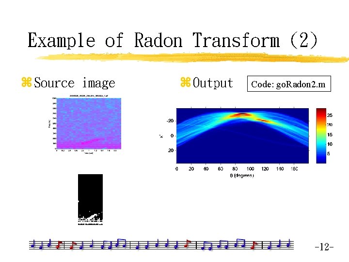 Example of Radon Transform (2) z Source image z Output Code: go. Radon 2.