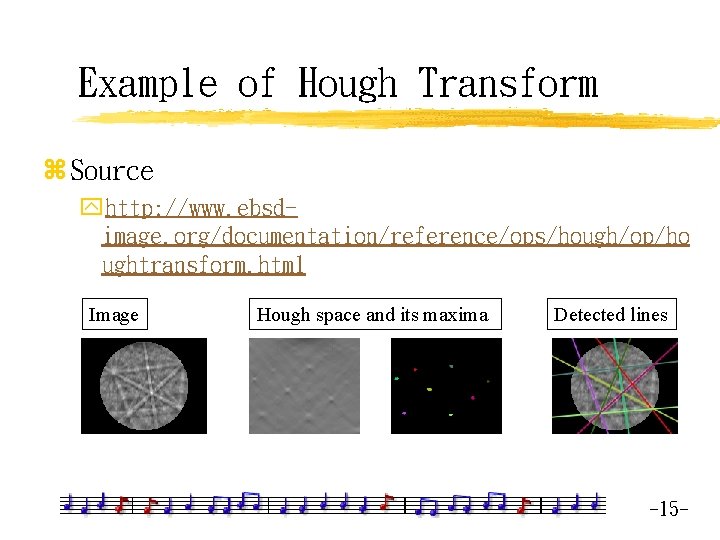 Example of Hough Transform z Source yhttp: //www. ebsdimage. org/documentation/reference/ops/hough/op/ho ughtransform. html Image Hough
