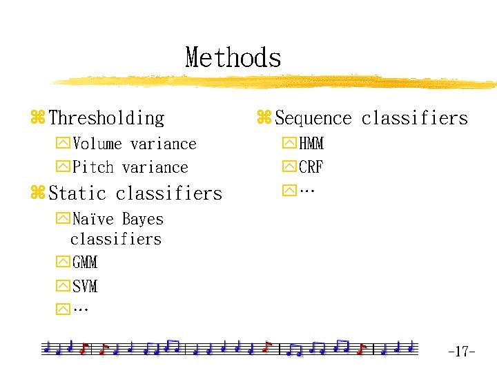 Methods z Thresholding y. Volume variance y. Pitch variance z Static classifiers z Sequence