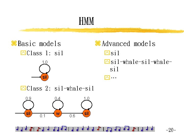 HMM z Basic models z Advanced models y. Class 1: sil ysil-whale-sil-whalesil y… 1.