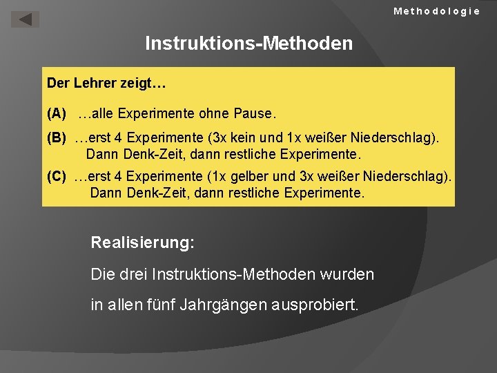 Methodologie Instruktions-Methoden Der Lehrer zeigt… (A) …alle Experimente ohne Pause. (B) …erst 4 Experimente