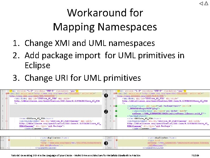 Workaround for Mapping Namespaces 1. Change XMI and UML namespaces 2. Add package import