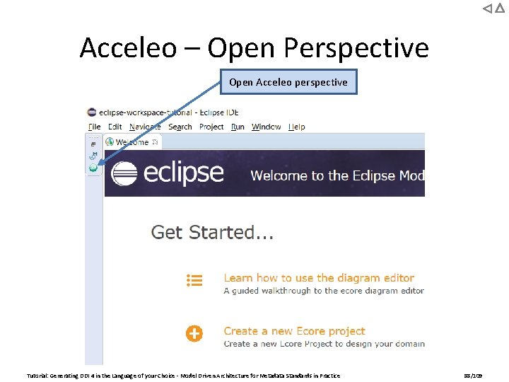 Acceleo – Open Perspective Open Acceleo perspective Tutorial: Generating DDI 4 in the Language