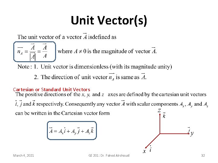 Unit Vector(s) Cartesian or Standard Unit Vectors March 4, 2021 GE 201: Dr. Fahed