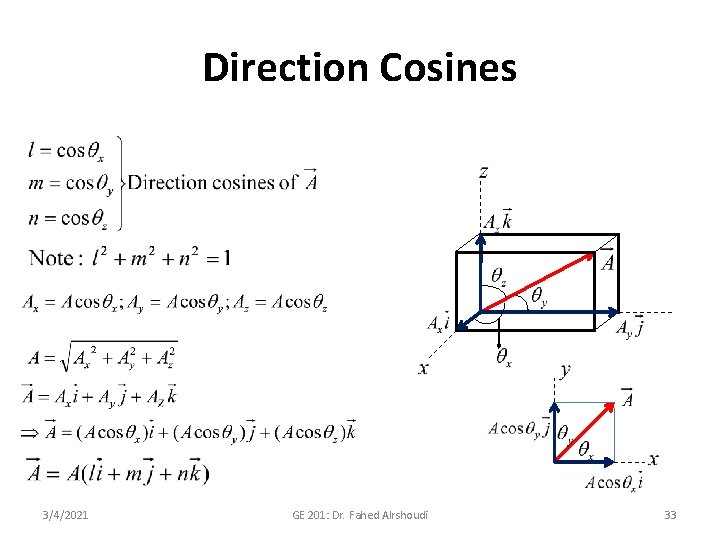 Direction Cosines 3/4/2021 GE 201: Dr. Fahed Alrshoudi 33 