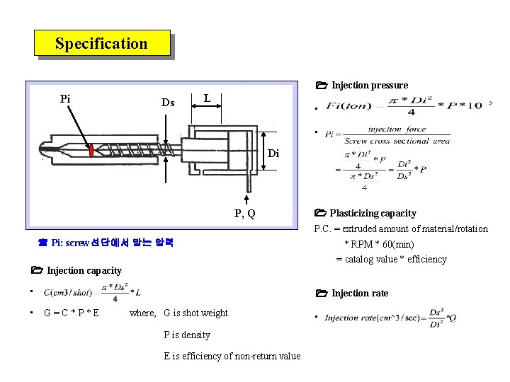 Specification Injection pressure Pi Ds L • • Di P, Q Plasticizing capacity P.