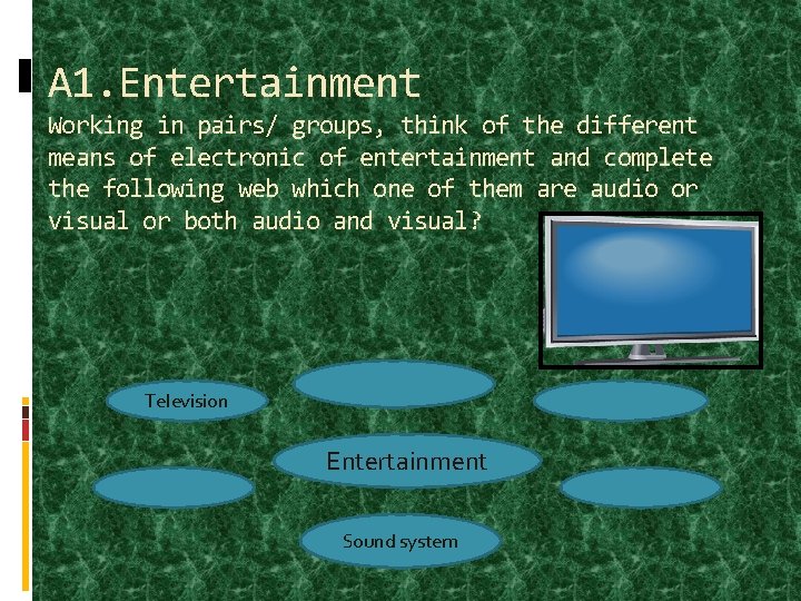 A 1. Entertainment Working in pairs/ groups, think of the different means of electronic