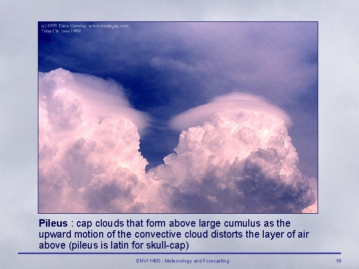 Pileus : cap clouds that form above large cumulus as the upward motion of