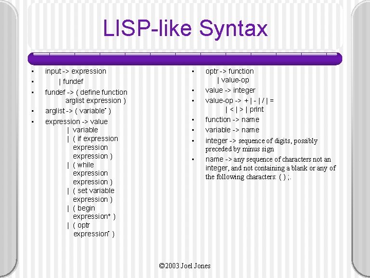 LISP-like Syntax • • • input -> expression | fundef -> ( define function