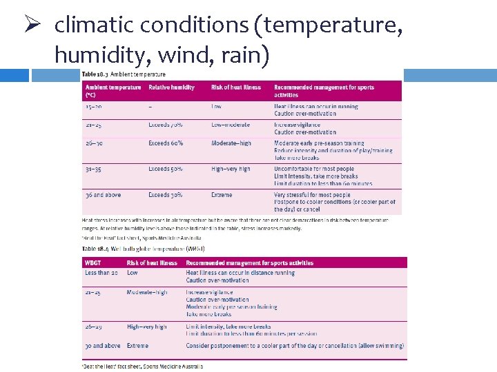 Ø climatic conditions (temperature, humidity, wind, rain) Ø climatic conditions (temperature, humidity, wind, rain)