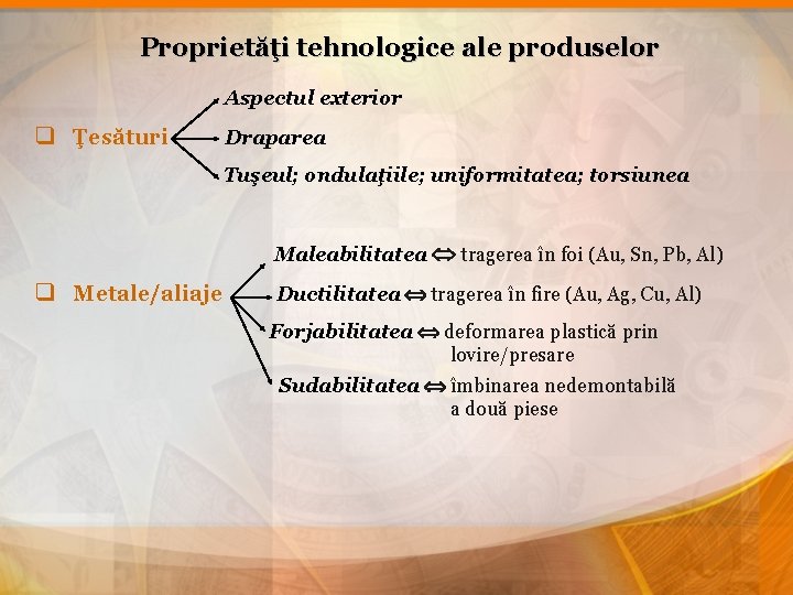 Proprietăţi tehnologice ale produselor Aspectul exterior q Ţesături Draparea Tuşeul; ondulaţiile; uniformitatea; torsiunea Maleabilitatea
