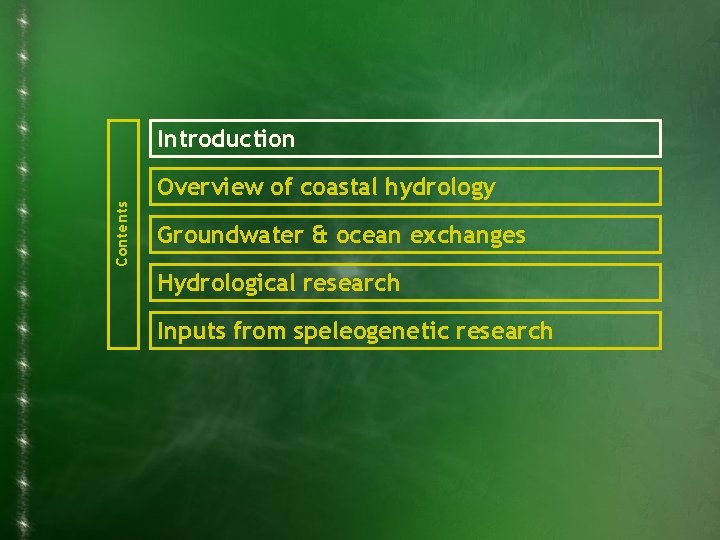 Introduction Contents Overview of coastal hydrology Groundwater & ocean exchanges Hydrological research Inputs from