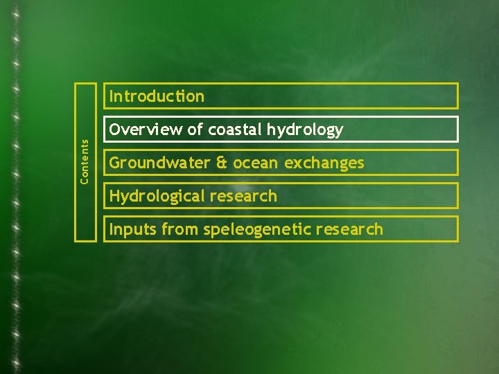 Introduction Contents Overview of coastal hydrology Groundwater & ocean exchanges Hydrological research Inputs from