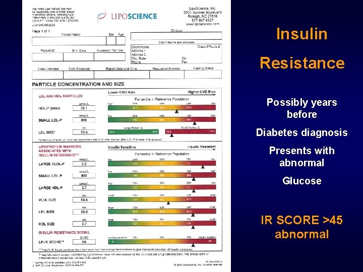 Insulin Resistance Possibly years before Diabetes diagnosis Presents with abnormal Glucose IR SCORE >45