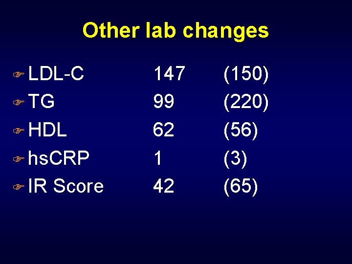 Other lab changes F LDL-C F TG F HDL F hs. CRP F IR