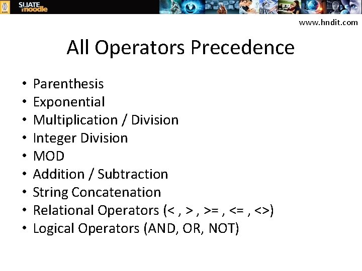 www. hndit. com All Operators Precedence • • • Parenthesis Exponential Multiplication / Division