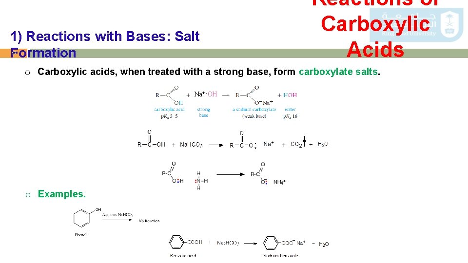 1) Reactions with Bases: Salt Formation 17 Reactions of Carboxylic Acids o Carboxylic acids,